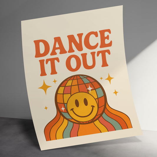 Retro Dance It Out Poster, Smiley Face Disco Ball, Vintage Style Wall Art, Colorful Home Decor, Funky Dance Studio Decoration