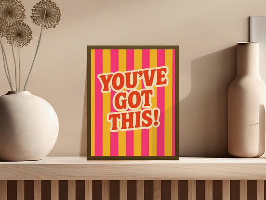Inspirational Quote Wall Art, Yellow Red Striped 'You've Got This' Poster, Motivational Home Decor