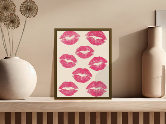 Kiss Print Wall Art, Hot Pink Lipstick Marks, Modern Chic Home Decor, Perfect Gift Idea for Romantic