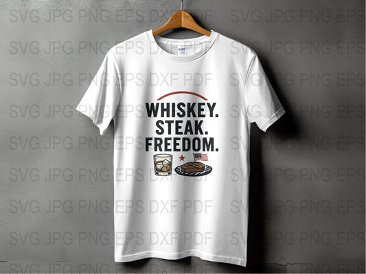 Whiskey Steak Freedom Graphic T-Shirt, Patriotic American Tee, BBQ Party Casual Wear, Men's White Shirt