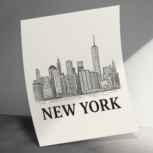 New York City Skyline Drawing, Modern Urban Art Print, Black and White Decor, Wall Art Illustration, Minimalist Poster