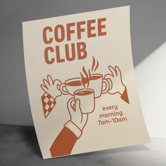 Coffee Club Poster, Vintage Style Morning Coffee Event Wall Art, Kitchen Decor, Retro Print, Coffee Lover Gift Idea