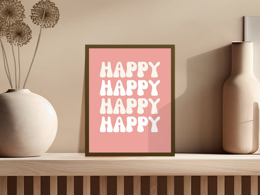Happy Text Art Poster, Modern Home Decor, Minimalist Wall Art, Typography Print, Living Room Decoration
