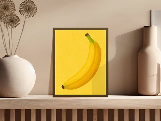 Banana Art Print, Yellow Background, Modern Kitchen Wall Decor, Minimalist Fruit Poster, Vibrant Dining Room Artwork
