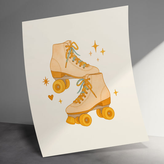 Vintage Style Roller Skates Art Print, Retro Skating Poster, Home Decor Wall Art, Gift for Skaters, Orange and Yellow Wheels