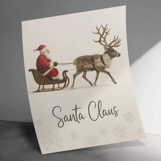 Vintage Santa Claus Christmas Card, Handmade Holiday Greeting with Reindeer Illustration