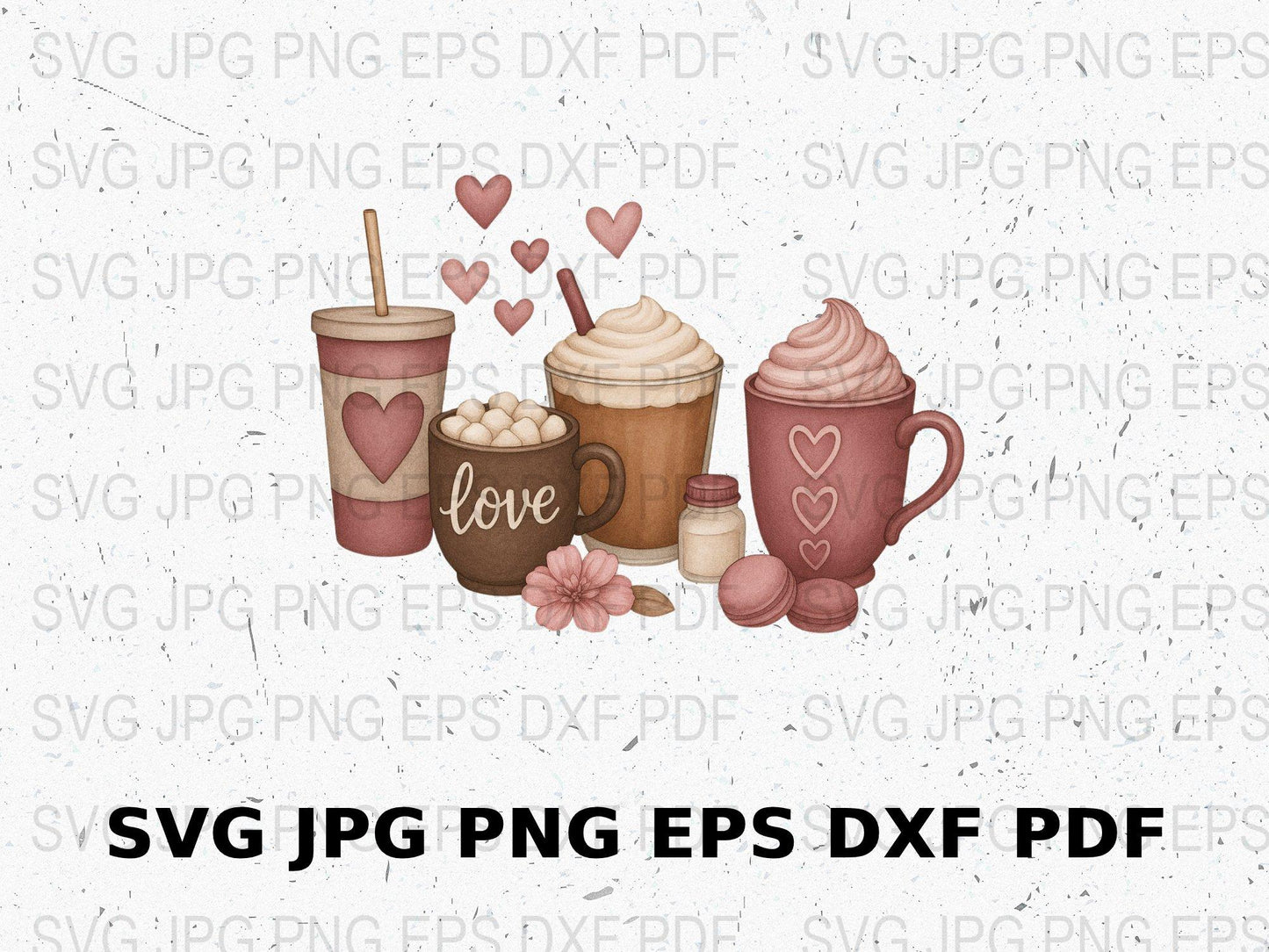 Coffee Lover Digital Clipart Set, SVG, JPG, PNG, EPS, DXF Files, Cute Coffee Cups, Hot Beverages Illustrations, Craft Supplies for DIY