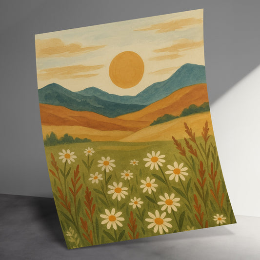 Rustic Landscape Art Print, Sun Over Hills, Daisy Field Watercolor, Nature Wall Decor, Peaceful Countryside Painting