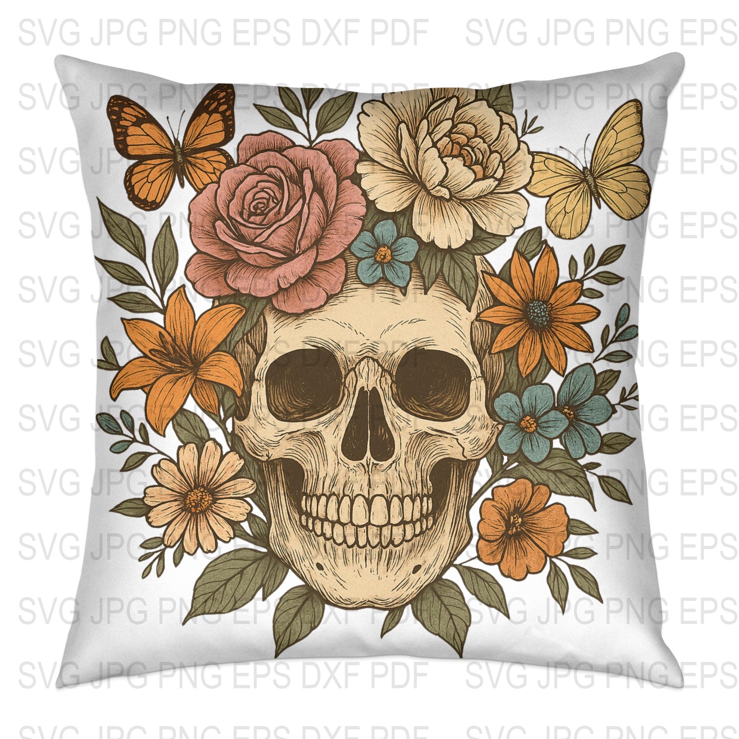 Floral Skull Cushion Cover, Vintage Butterfly and Flower Skull Throw Pillow, Boho Home Decor, 18x18 Inch, Digital Print Pillow Case
