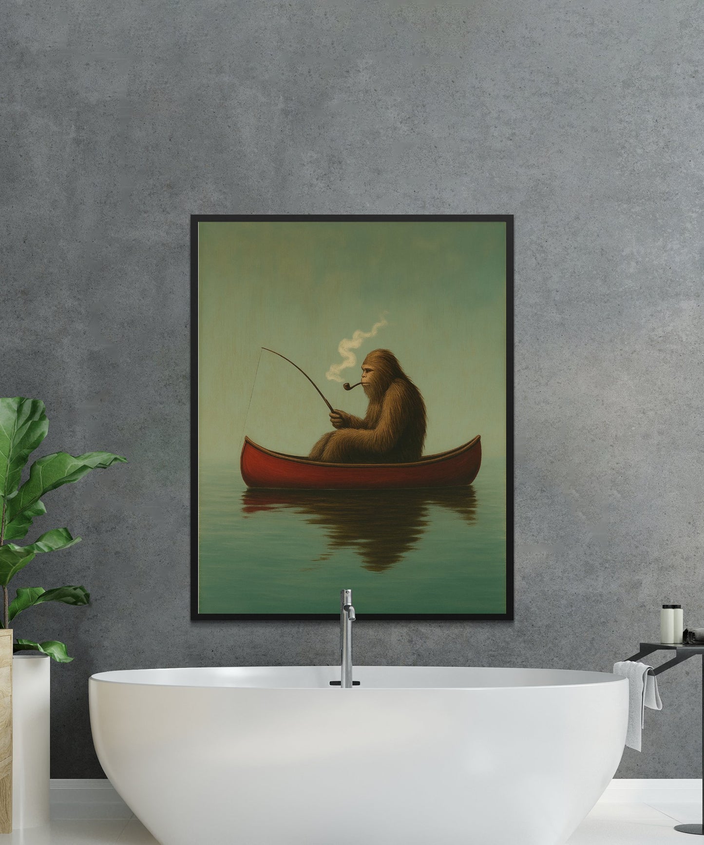 Surreal Monkey Fishing Canvas Art Print, Abstract Animal Wall Decor, Modern Zen Bathroom Artwork