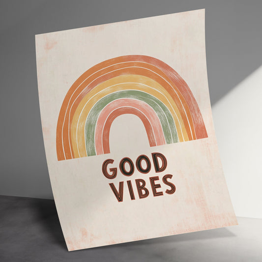 Vintage Rainbow Wall Art Print, Retro Good Vibes Poster, Boho Chic Home Decor, Colorful Nursery Room Decoration