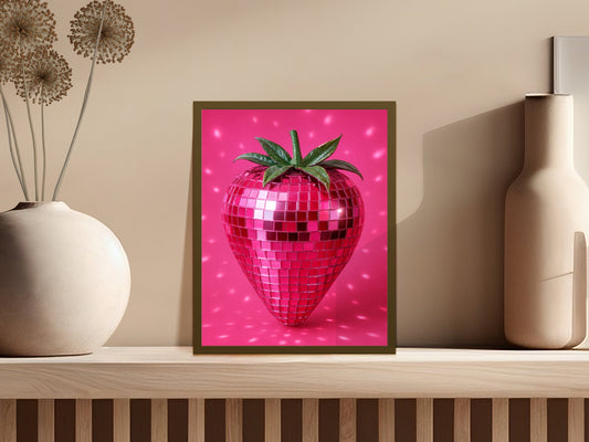 Pink Disco Strawberry Poster, Vibrant Kitchen Wall Art, Modern Home Decor, Unique Fruit Print