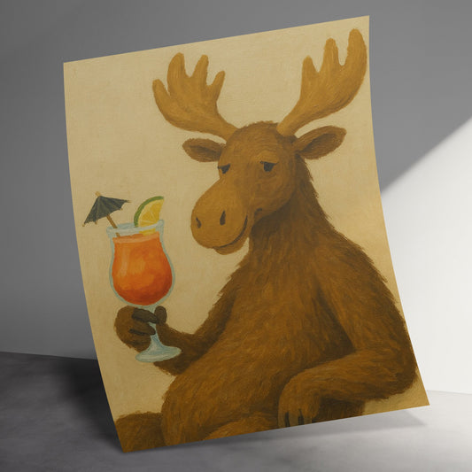 Whimsical Moose Art Print, Moose Drinking Cocktail, Funny Animal Wall Art, Quirky Home Decor, Unique Artwork for Bar or Kitchen