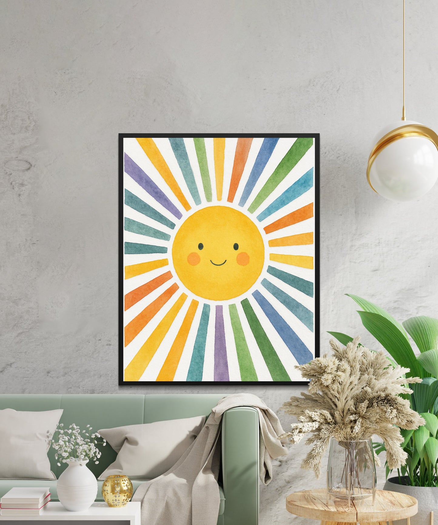 Colorful Sunburst Wall Art, Smiling Sun Nursery Decor, Rainbow Sunshine Poster for Kids Room, Bright Vivid Colors