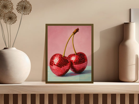 Disco Cherry Art Print, Colorful Kitchen Wall Decor, Funky Fruit Illustration, Modern Home Decor