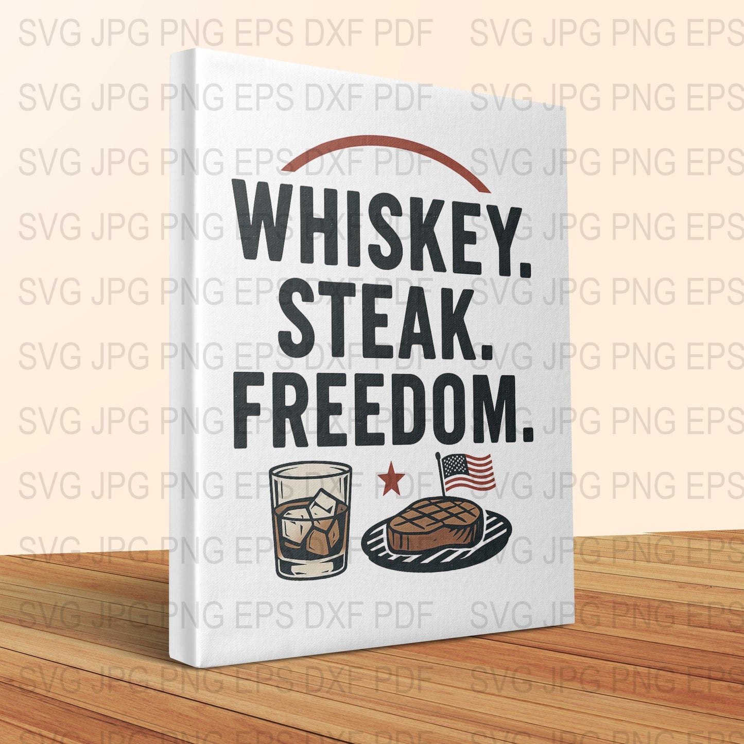 Whiskey Steak Freedom Canvas Print, Patriotic Kitchen Decor, American Flag Art, Man Cave Wall Hanging, BBQ Lover Gift Idea