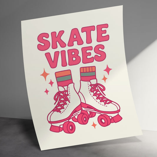 Skate Vibes Retro Roller Skates Poster, Vintage Style Wall Art, Pink and White Decor