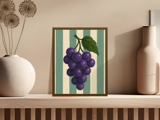 Purple Grapes Painting, Kitchen Wall Art, Vintage Fruit Illustration, Rustic Home Decor, Dining Room Artwork, Minimalist Print