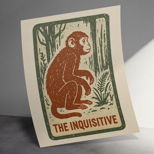 Vintage Monkey Linocut Print, The Inquisitive Primate Artwork, Rustic Home Decor Wall Art