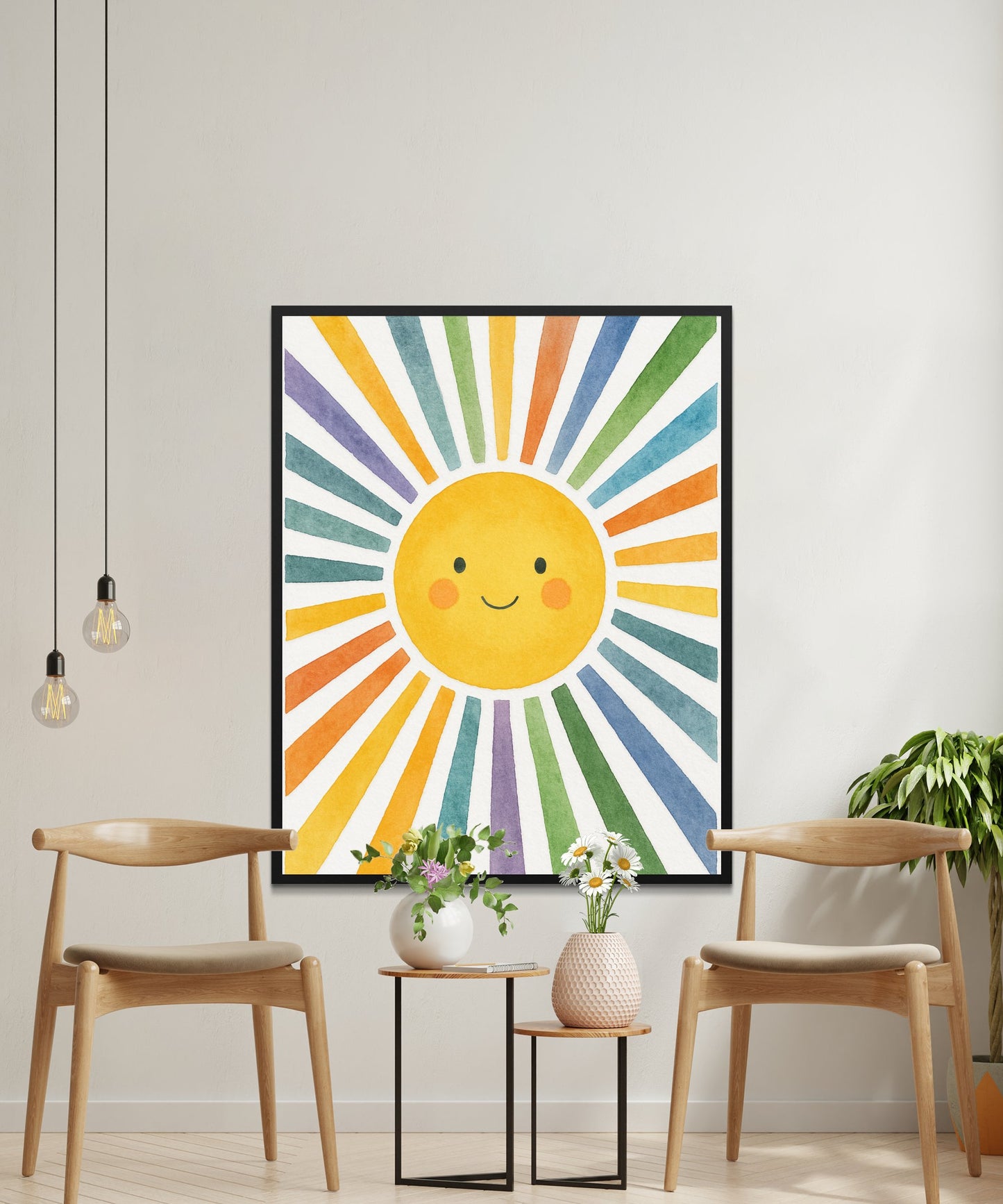 Colorful Sunburst Wall Art, Smiling Sun Nursery Decor, Rainbow Sun Poster, Bright Playroom Decoration