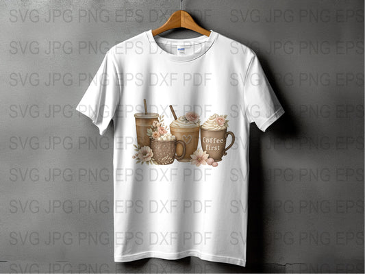 Coffee First Graphic T-Shirt, Women's Fashionable Floral and Mug Print Tee, Casual White Shirt Top