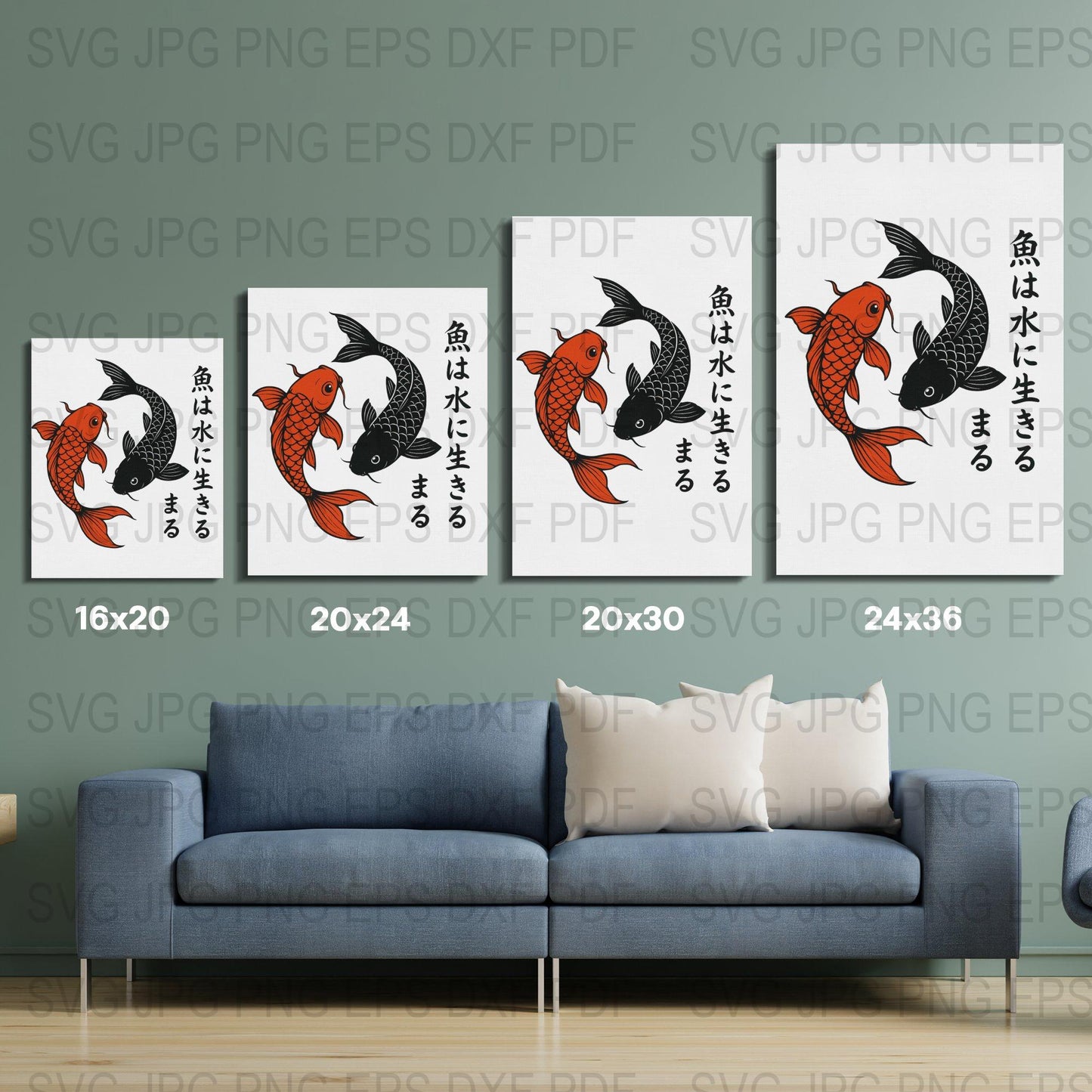 Japanese Koi Fish Art Prints, Canvas Wall Decor, Traditional Asian Style Home Decor, Set of Four, Multiple Sizes Available