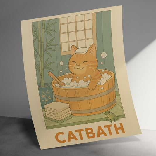 Cat Bath Art Print, Cute Orange Cat Relaxing in Tub, Whimsical Bathroom Decor, Pet Lover Gift Idea