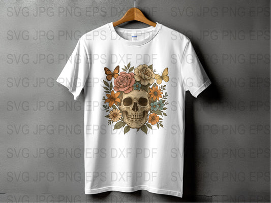 Floral Skull T-Shirt, Vintage Rose Graphic Tee, Boho Style Casual Top, Unisex Cotton Shirt