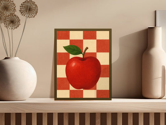 Vintage Apple Print, Checkerboard Background, Red Fruit Wall Art, Kitchen Decor, Rustic Home Styling, Farmhouse Aesthetic
