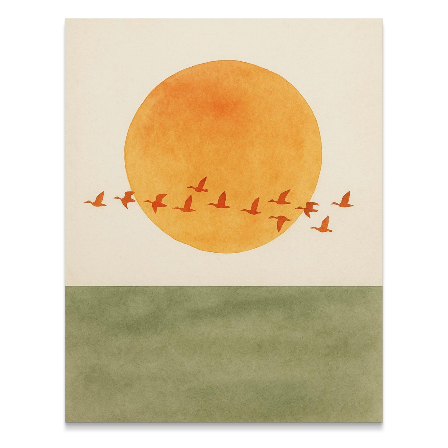 Abstract Sunset Art Print, Orange Circle with Flying Birds, Minimalist Wall Decor, Modern Home Decoration, Nature Inspired Artwork