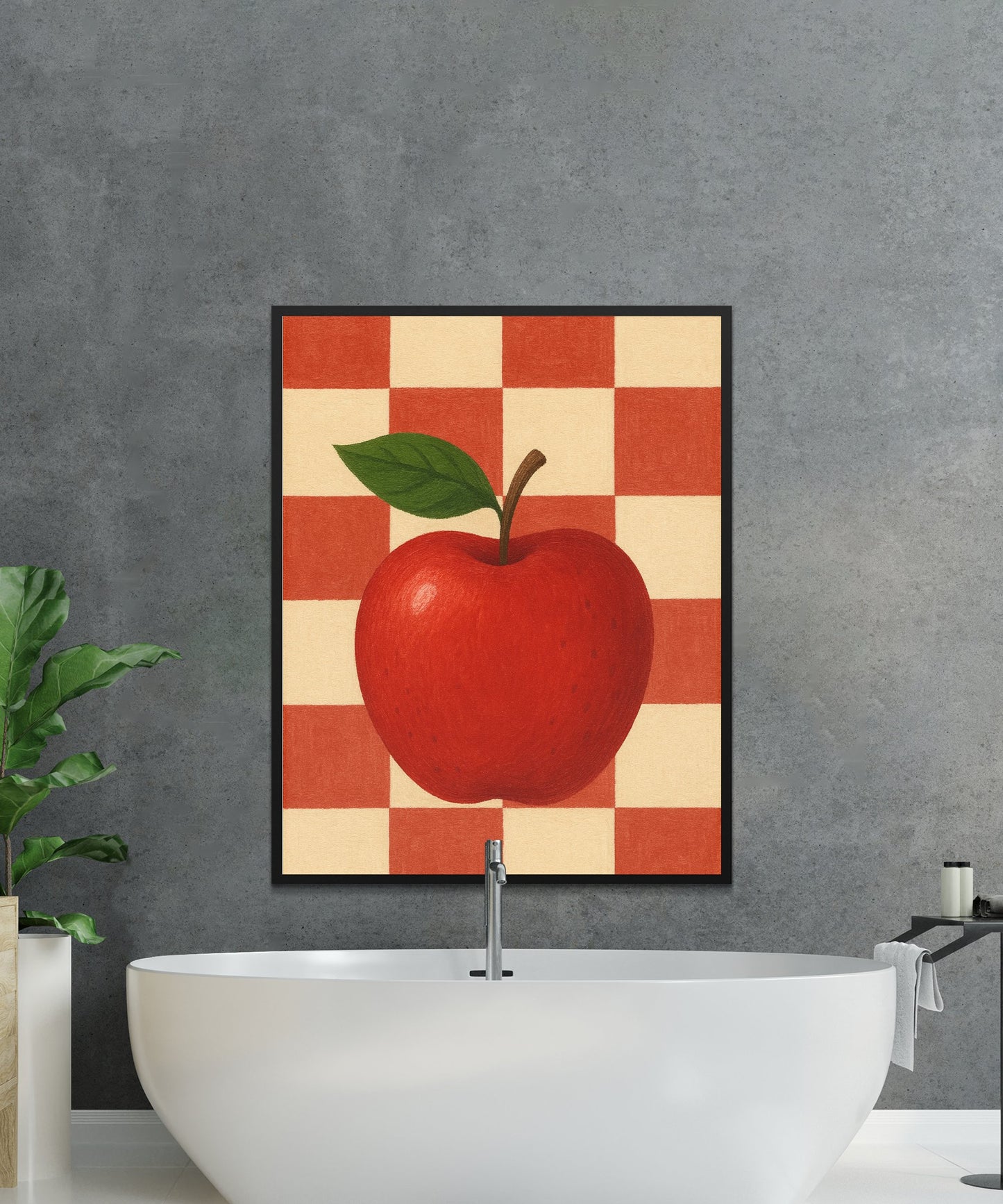 Modern Red Apple Wall Art, Checkered Background, Kitchen Decor, Fruit Themed Canvas Print