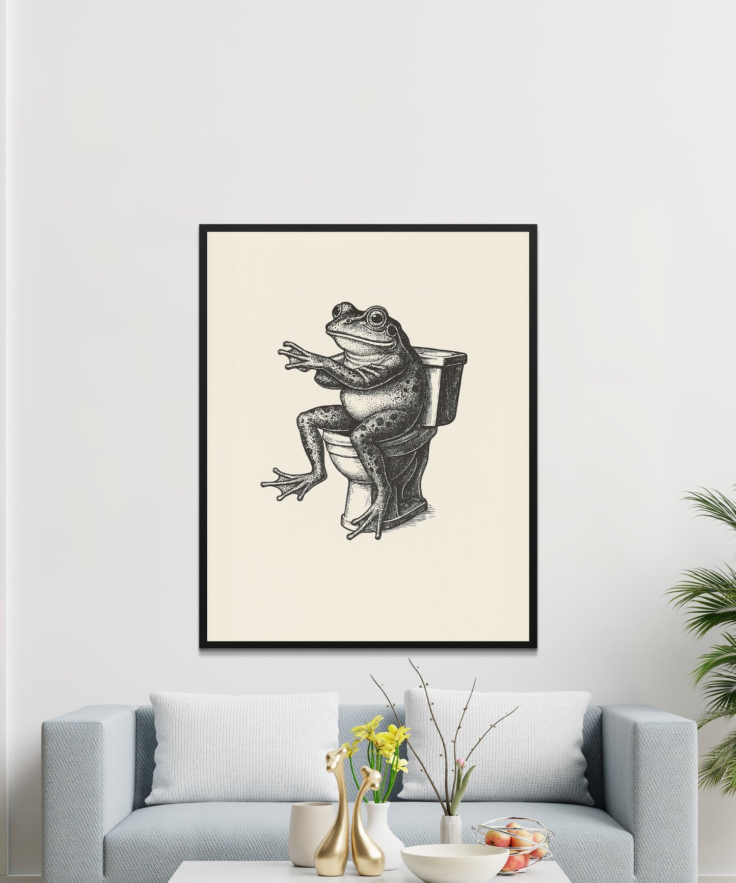 Vintage Frog Illustration Wall Art, Black and White Animal Print, Living Room Decor, Unique Home Decoration