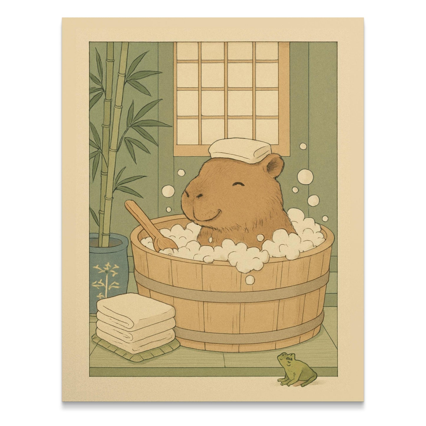 Vintage Style Capybara Bath Art Print, Japanese Onsen Theme, Relaxing Spa Decor, Bamboo Illustration, Wall Art