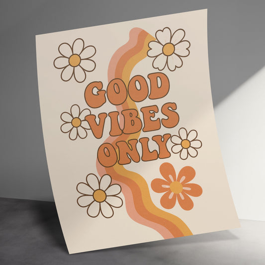 Good Vibes Only Poster, Retro Floral Wall Art, Inspirational Quote Print, Home Decor