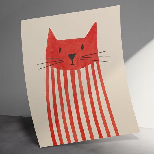 Red Cat Art Print, Modern Minimalist Feline Wall Art, Bold Striped Kitty Poster, Unique Home Decor, Gift for Cat Lovers