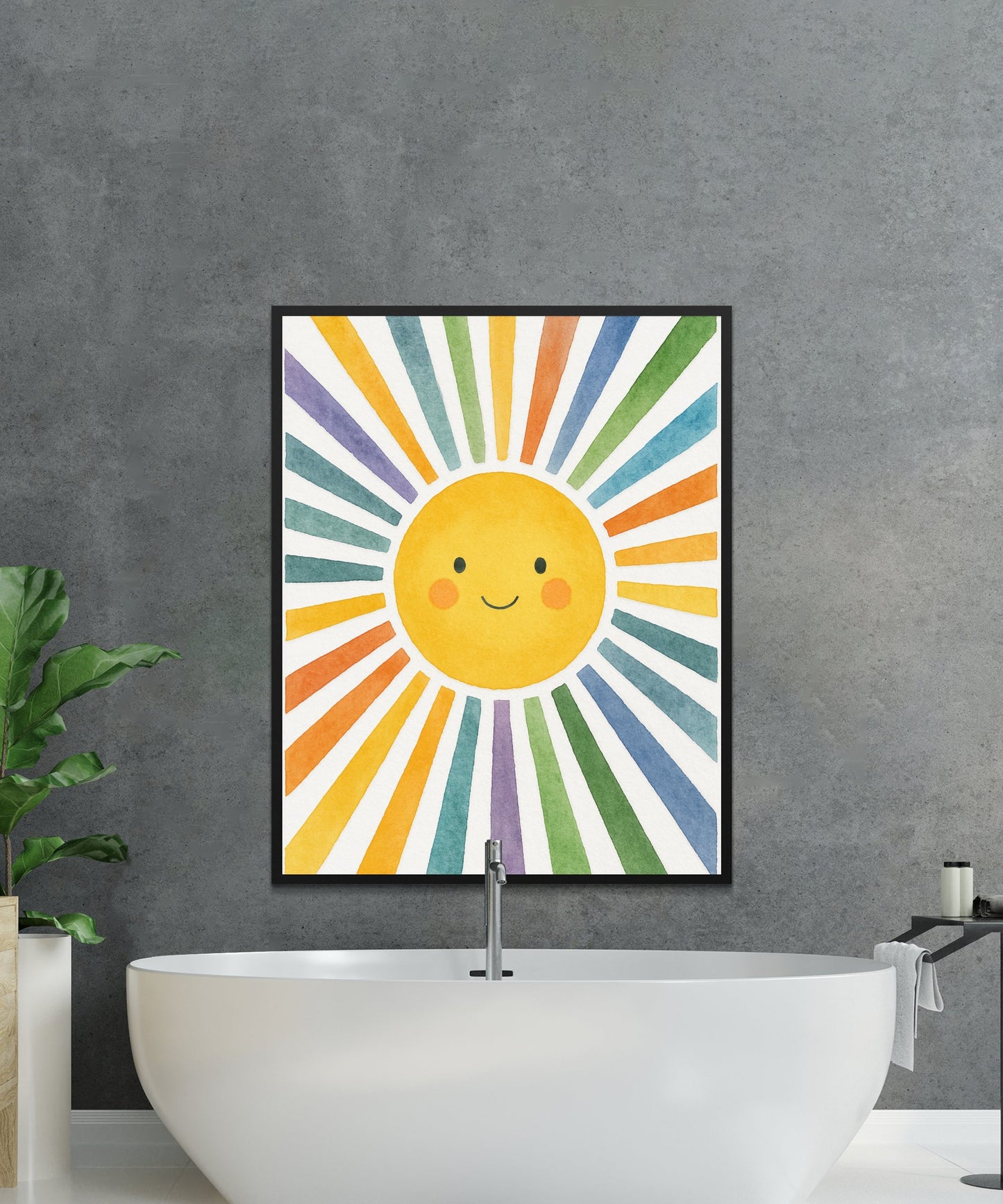 Colorful Sunburst Wall Art Print, Smiling Sun Nursery Decor, Bright Rainbow Kids Room Poster