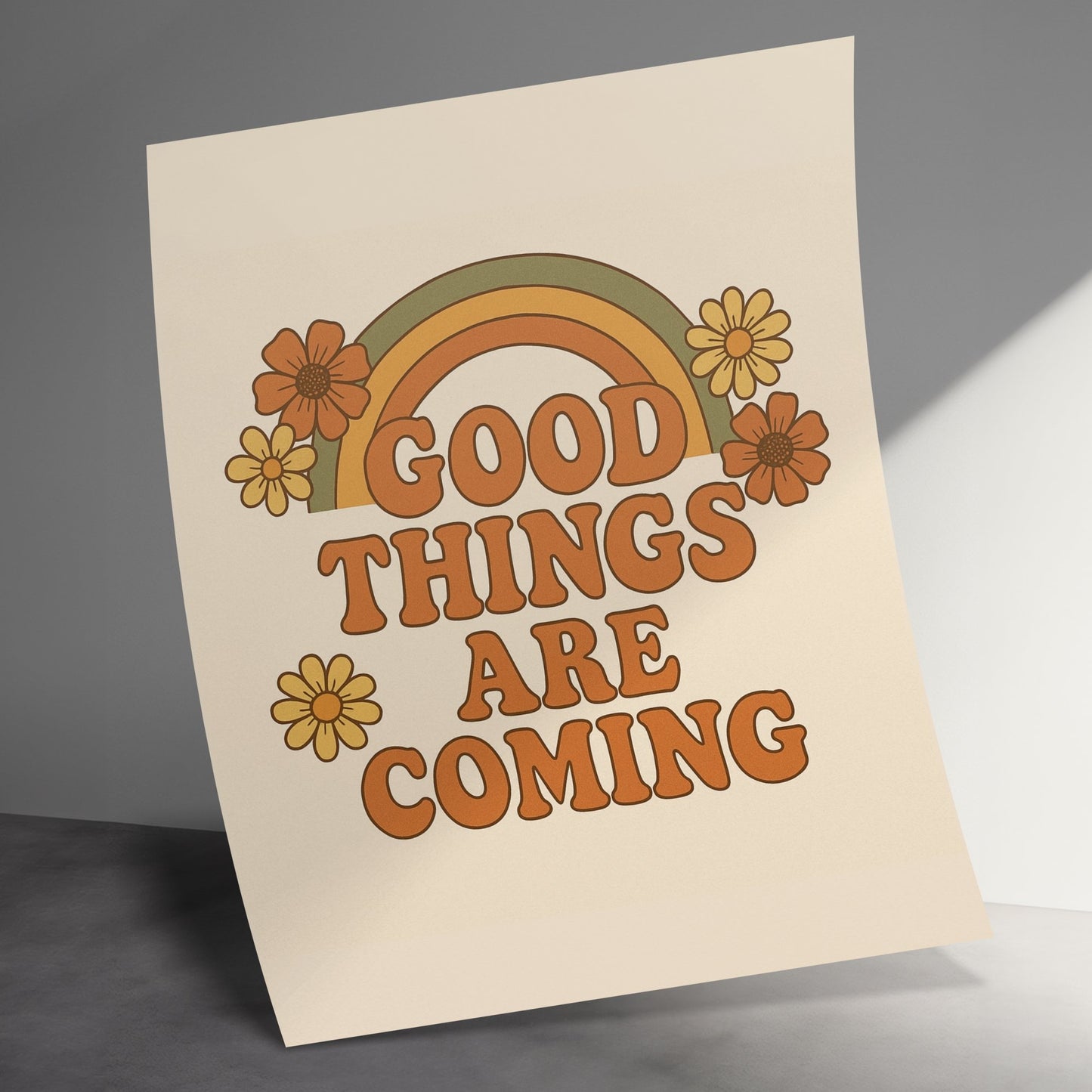Good Things Are Coming Positive Quote Poster, Inspirational Rainbow Print with Flowers, Wall Art Decor