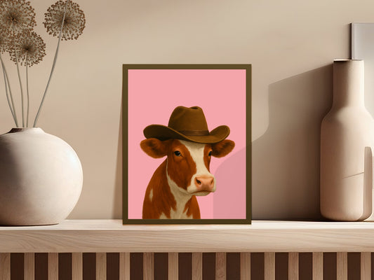 Rustic Farmhouse Wall Art, Cow with Hat Print, Pink Background, Animal Portrait, Home Decor, Kitchen Artwork