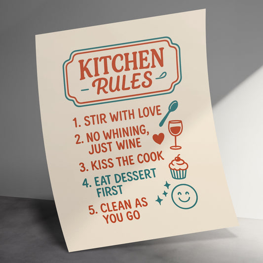 Kitchen Rules Poster, Wall Art Decor, Whimsical Cooking Quotes, Home Guide Print