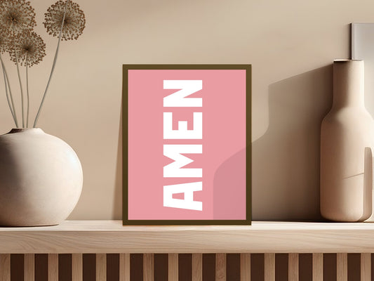 Modern Amen Wall Art Print, Pink Minimalist Typography Poster, Framed Inspirational Decor for Home and Office
