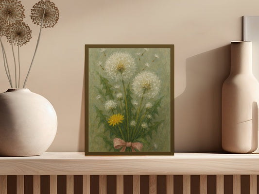 Vintage Dandelion Painting Print, Botanical Wall Art, Rustic Home Decor, Floral Artwork for Living Room, Garden Nature Canvas