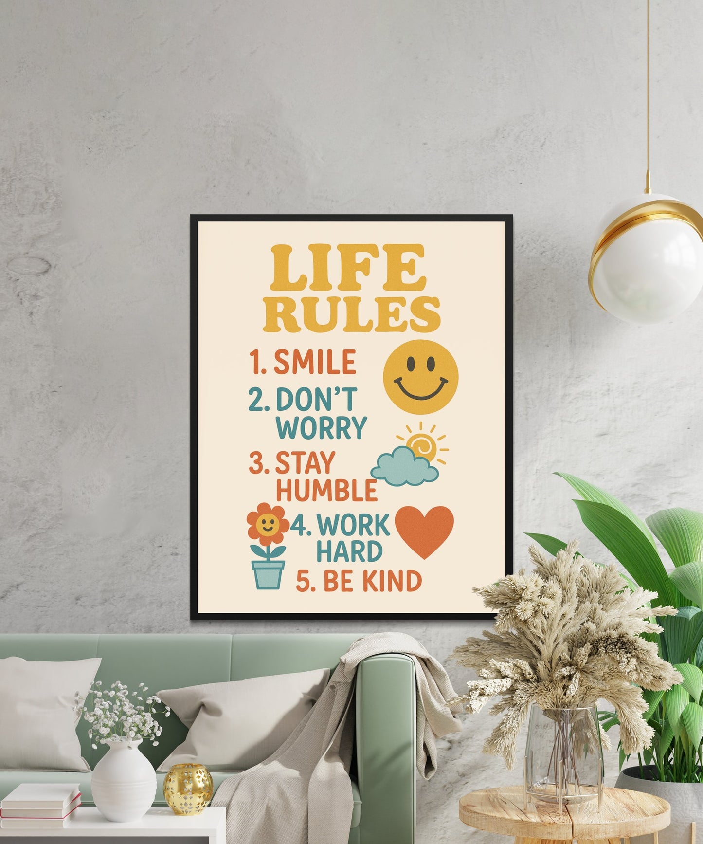 Life Rules Inspirational Poster, Smile Don't Worry Work Hard Be Kind Wall Art, Modern Home Decor, Typography Print for Living Room