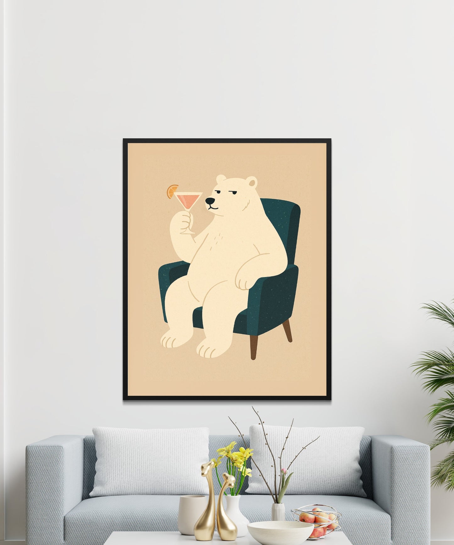 Relaxing Bear Wall Art Print, Cute Animal Drinking Cocktail, Modern Home Decor, Living Room Illustration, Unique Gift Idea