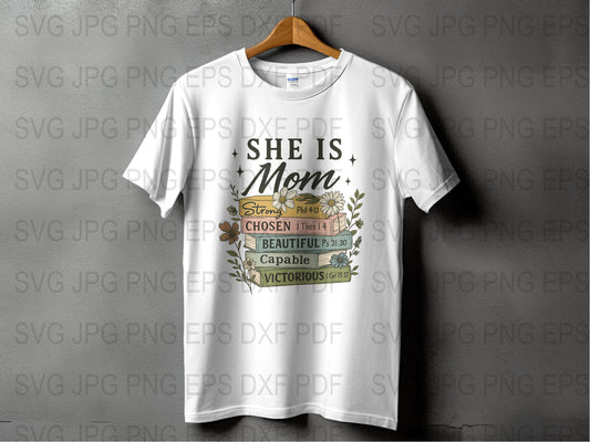 She is Mom T-Shirt, Strong Chosen Beautiful Capable, Christian Mother's Day Gift, Inspirational Quote Tee for Women, Floral Design Shirt
