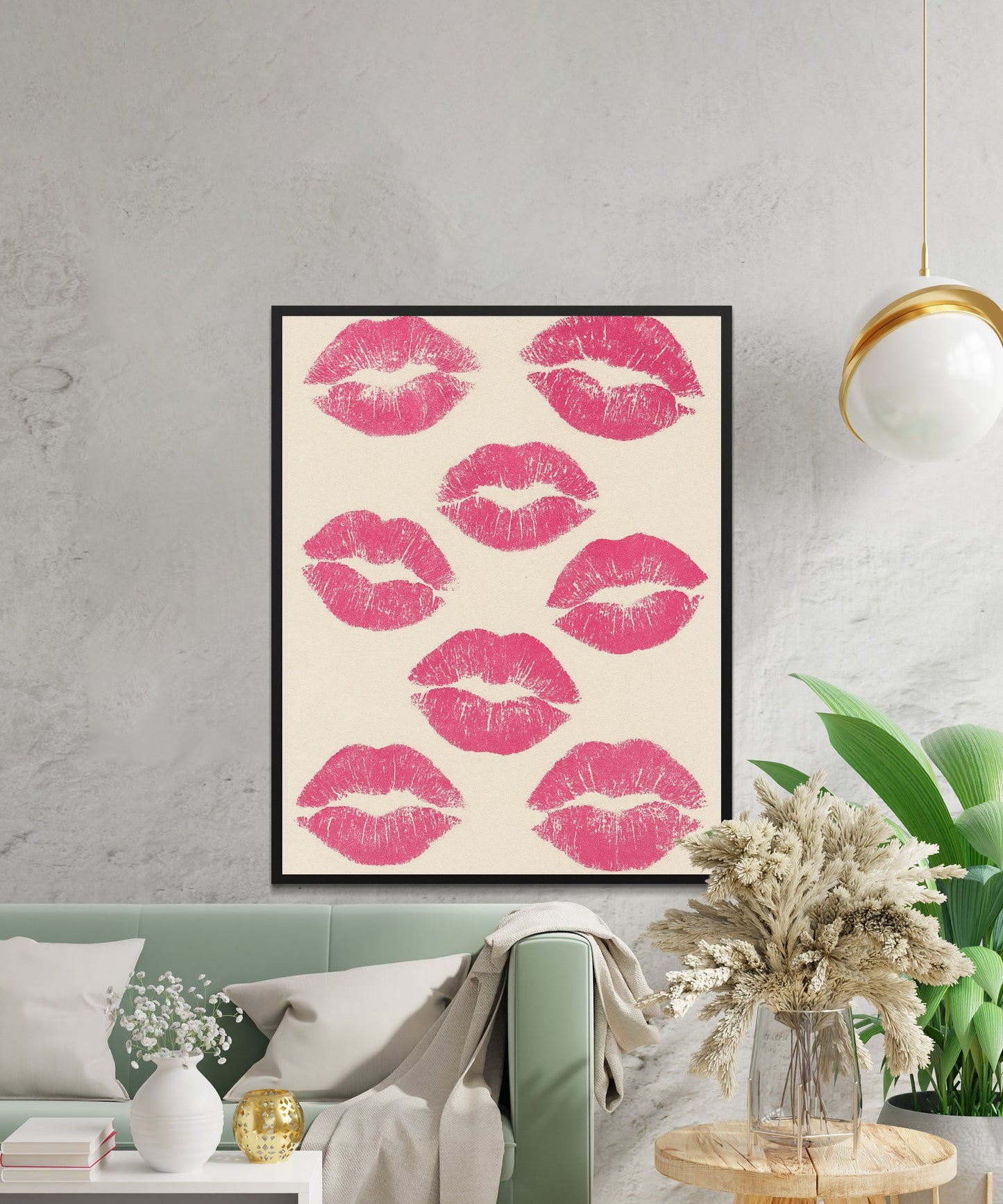 Modern Kiss Print Art, Pink Lips Wall Decor, Stylish Feminine Home Accessory, Living Room Statement Piece