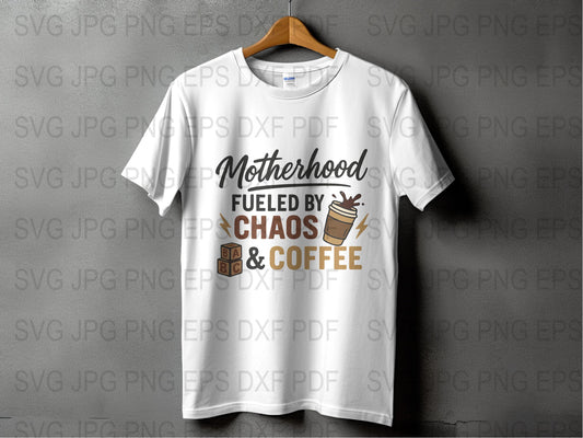 Motherhood Fueled by Chaos and Coffee T-Shirt, Funny Mom Life Tee, White Graphic Shirt for Women, Casual Mom Gift Idea
