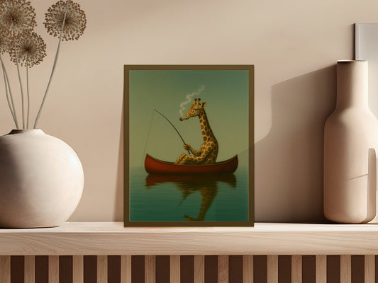 Whimsical Giraffe Fishing Art Print, Boat on Lake, Playful Nursery Wall Decor, Unique Animal Poster, Gift Idea