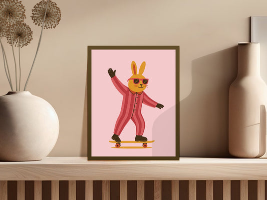 Vintage-Inspired Skateboarding Rabbit Art Print, Colorful Retro Bunny Poster, Home Decor Wall Art for Kids Room and Nurseries
