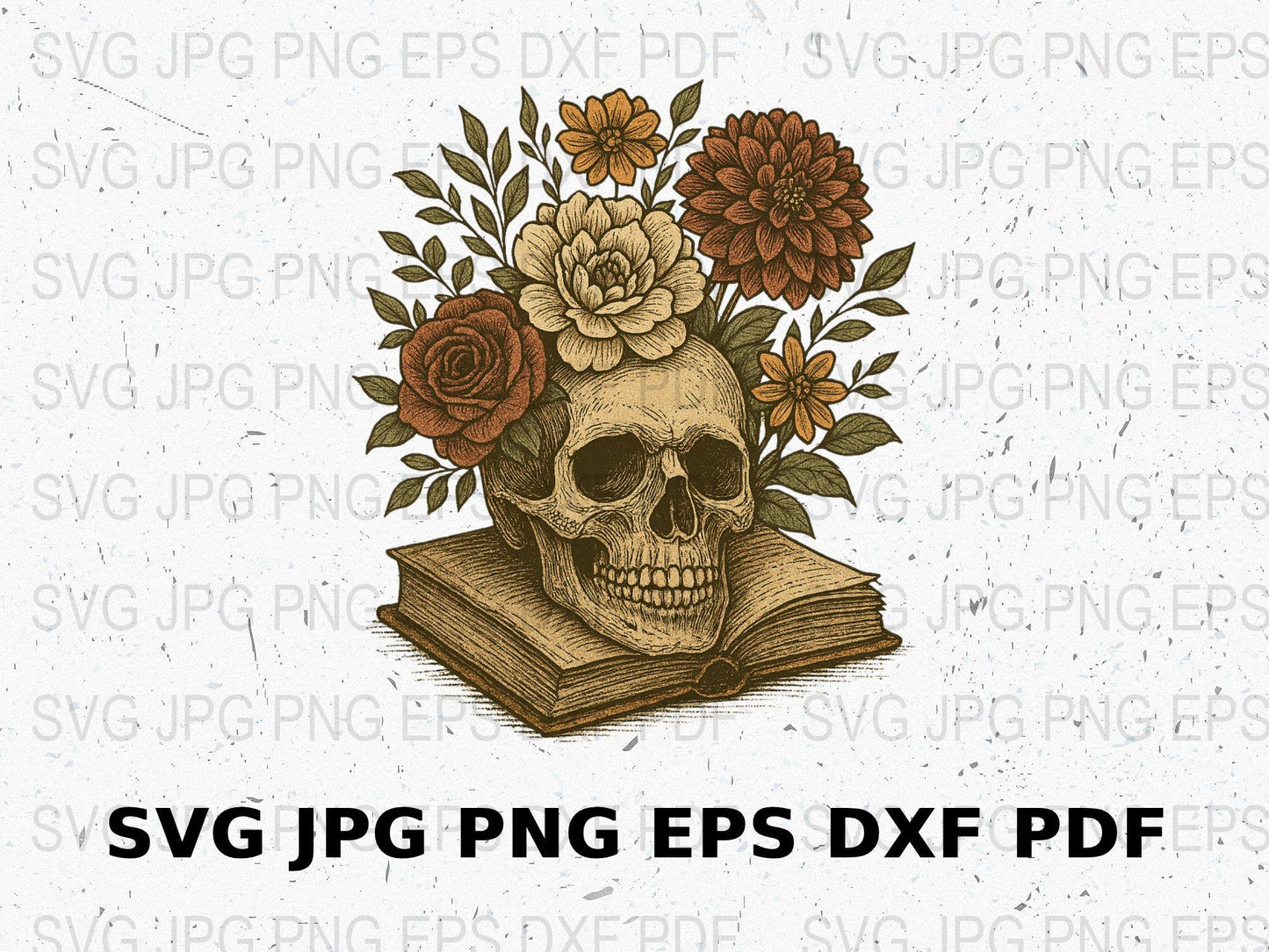 Vintage Skull and Floral Design SVG, PNG, JPG, EPS, DXF Files for Crafting and Sublimation Printing