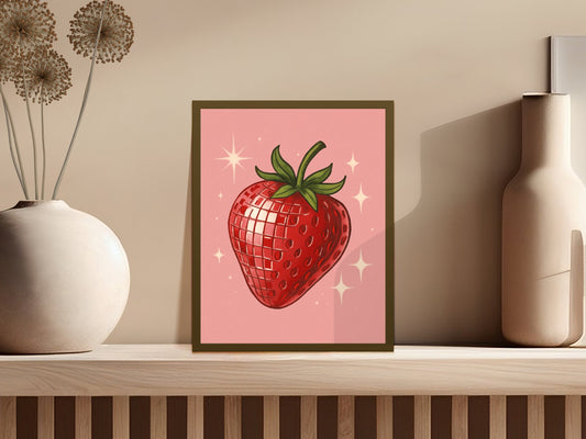 Strawberry Art Print, Modern Kitchen Wall Decor, Fruit Illustration, Pink Poster